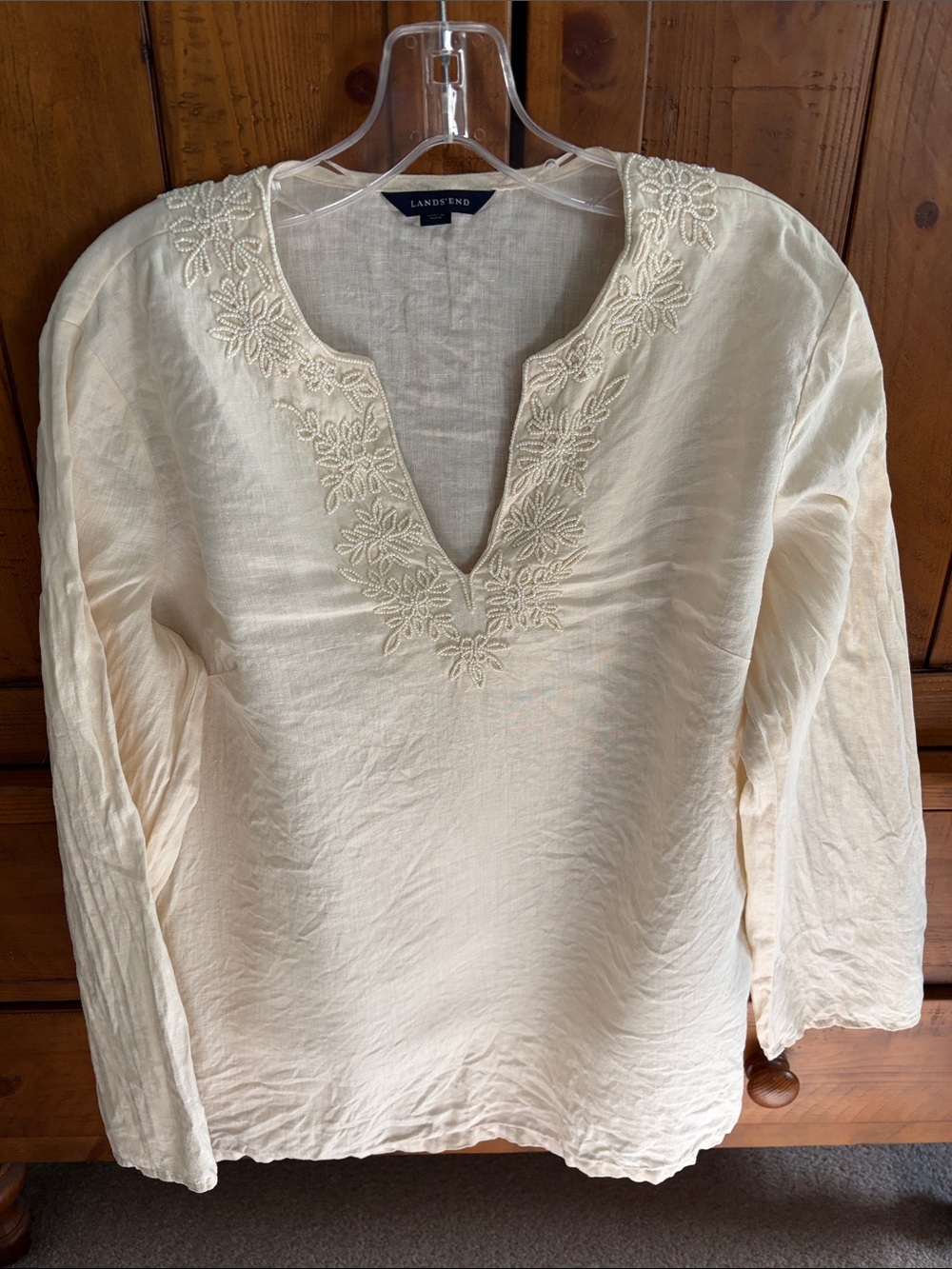 Lands' End Cream Embroidered V-Neck Tunic